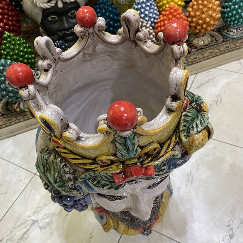 Testa di Moro Caltagirone Classica con Corona e Frutta, smalto opaco craquele - altezza circa 50 cm (1Unità) - 
