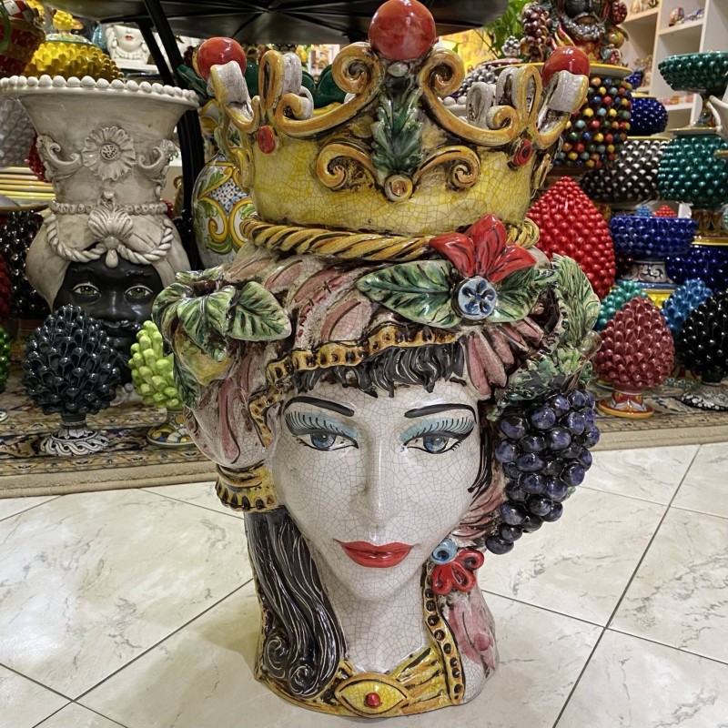 Testa di Moro Caltagirone Classica con Corona e Frutta, smalto opaco craquele - altezza circa 50 cm (1Unità) - 