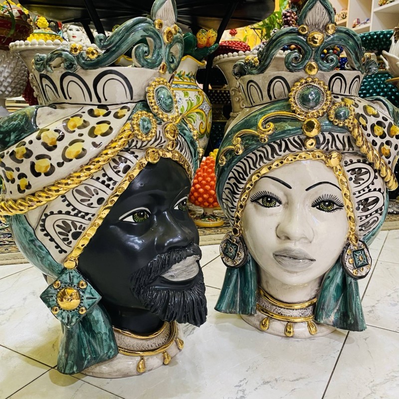 Sicilianska morhuvuden (par) h 50 cm ca. Caltagirone keramik, Matt Black Man, Modern Decoration, Verderame, Pure Gold - 