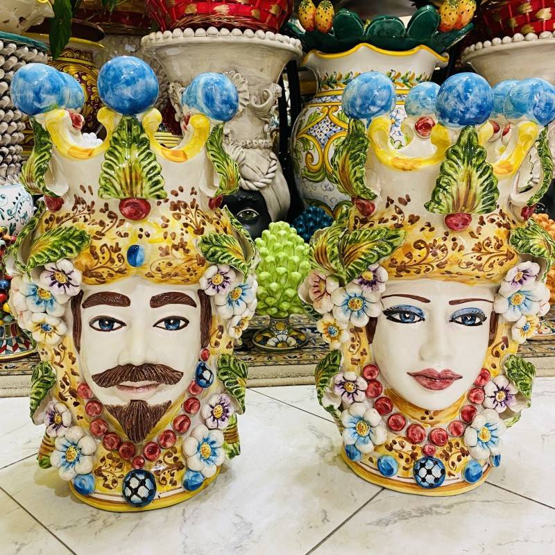 Pair of Moor's Heads Caltagirone Model with Flowers height 40cm - 