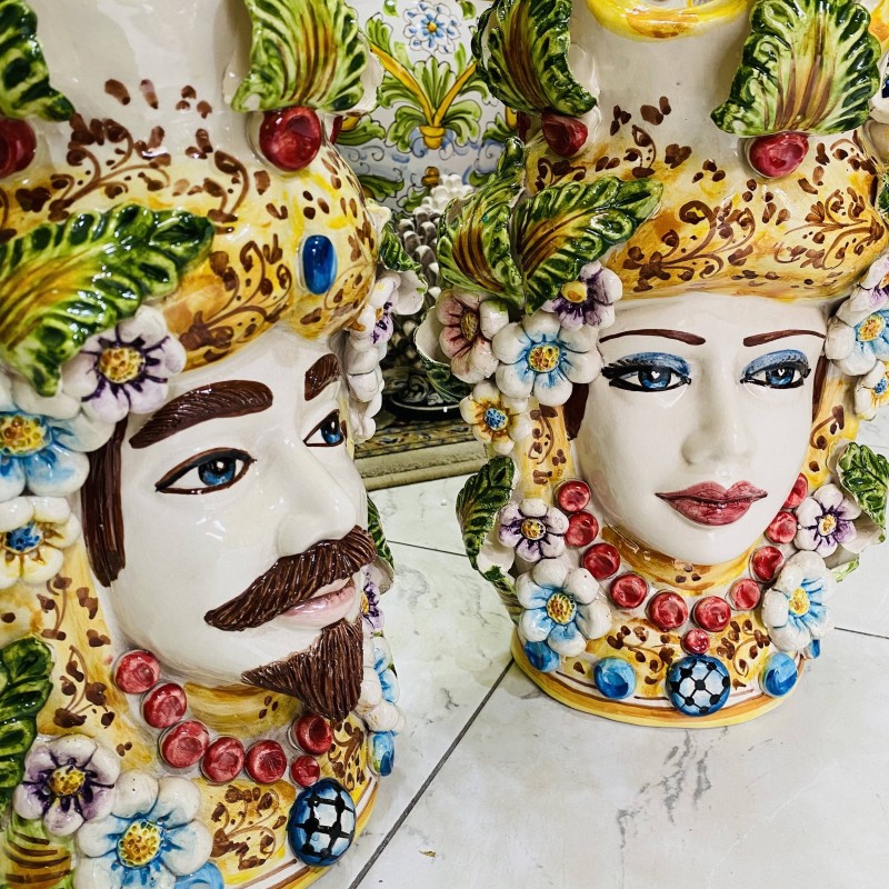Pareja de Cabezas de Moro Modelo Caltagirone con Flores altura 40cm - 