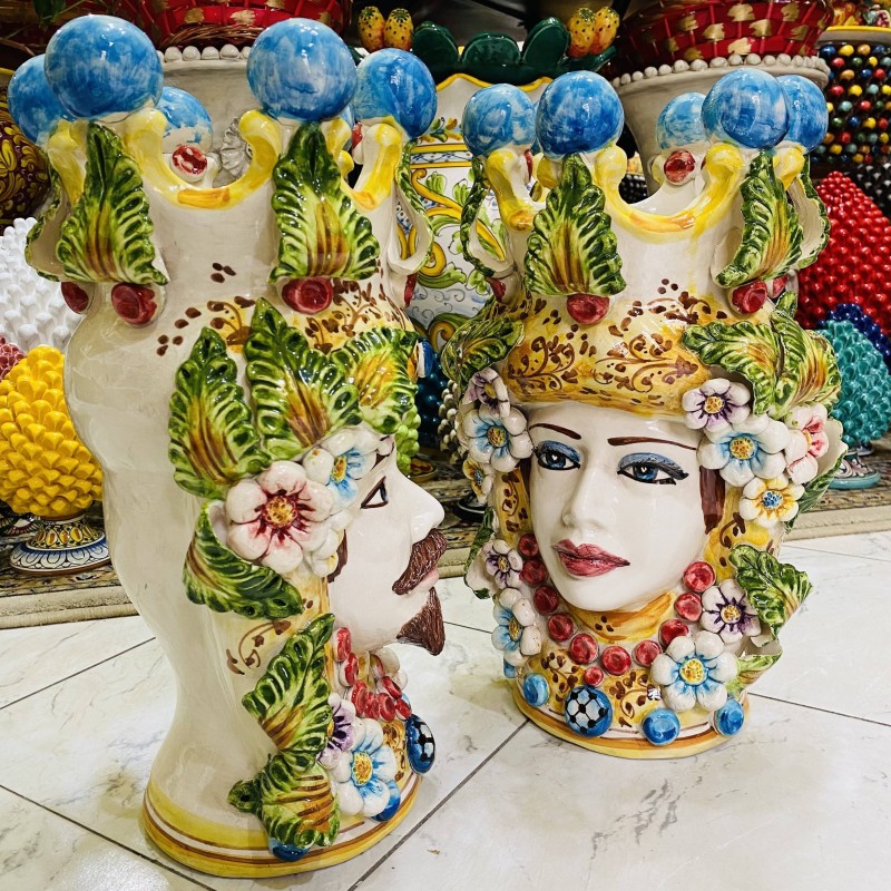 Pareja de Cabezas de Moro Modelo Caltagirone con Flores altura 40cm - 