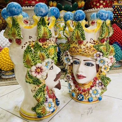 Pareja de Cabezas de Moro Modelo Caltagirone con Flores altura 40cm - 