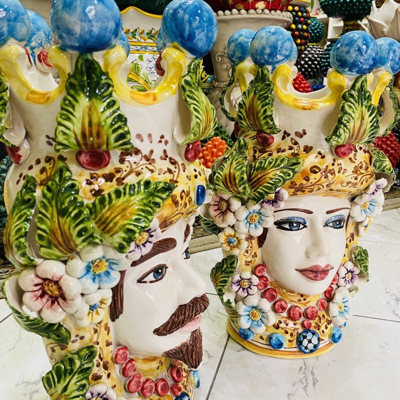 Pareja de Cabezas de Moro Modelo Caltagirone con Flores altura 40cm - 