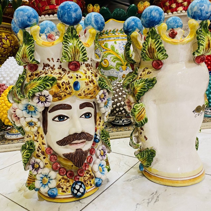 Pareja de Cabezas de Moro Modelo Caltagirone con Flores altura 40cm - 