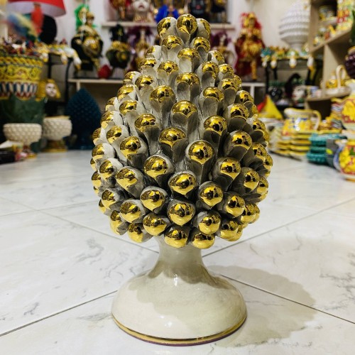 Pomme de Pin en céramique fine Caltagirone, coloris Blanc Antique avec pointes PURE GOLD - 3 tailles disponibles - 