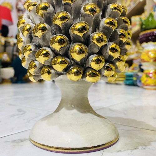 Pomme de Pin en céramique fine Caltagirone, coloris Blanc Antique avec pointes PURE GOLD - 3 tailles disponibles -  2