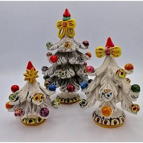 Sapin de Noël avec boules décorées, céramique Caltagirone - 3 tailles Modèle FL Blanc Fumé - 