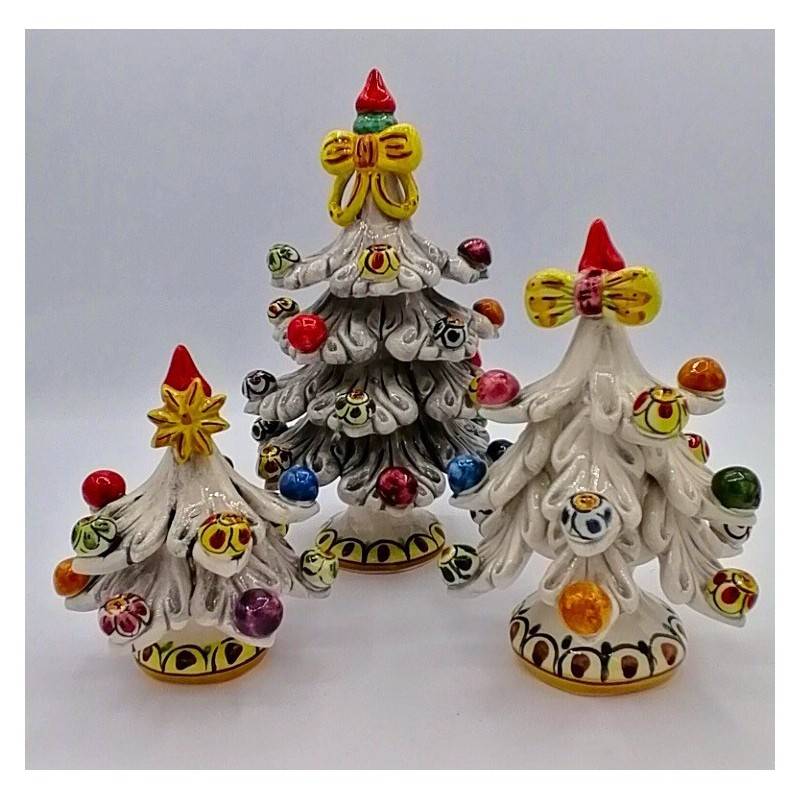 Árbol de Navidad con bolas decoradas, cerámica Caltagirone - 3 tamaños Modelo FL Bianco Fumè - 