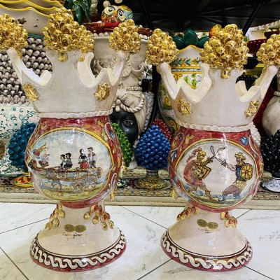 Sicilian Moor heads (pair) h approx. 45 cm Caltagirone - Pine cone crown, pure gold and mother-of-pearl enamel, figures 