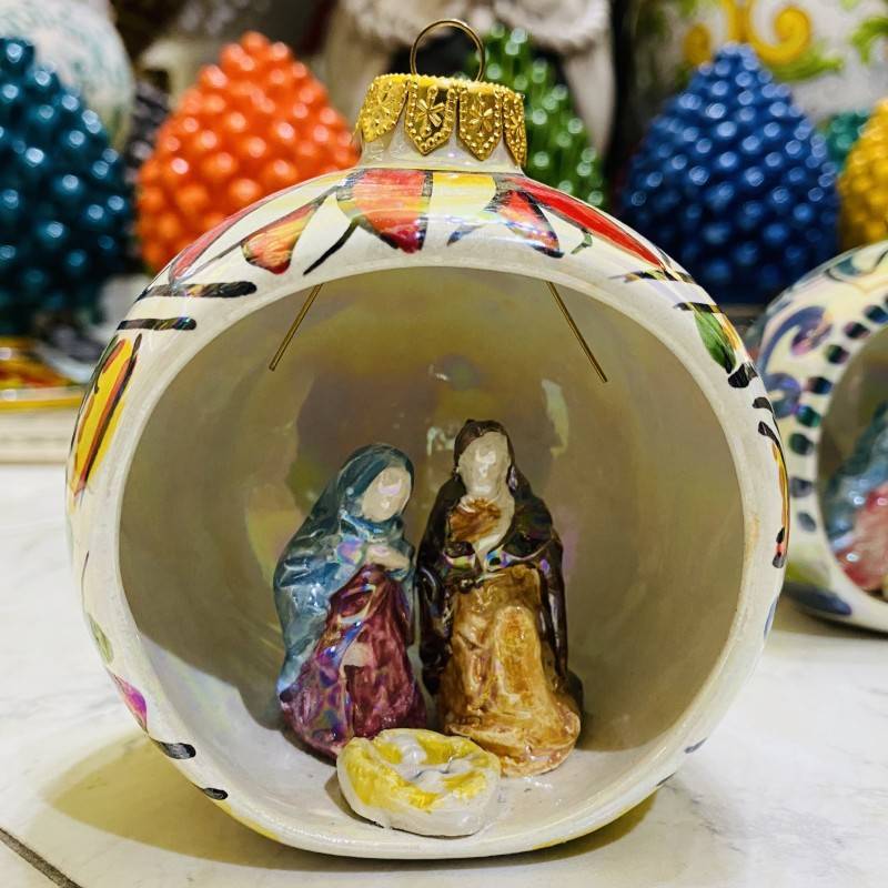 Christmas ball with Nativity Scene, Mother of Pearl enamel, Caltagirone ceramic, height 10cm - 