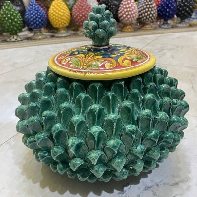 Sicilian pine cone biscuit jar or jewelry box, Caltagirone ceramic Ø 26 cm approx. (1pc) Various decorations - 