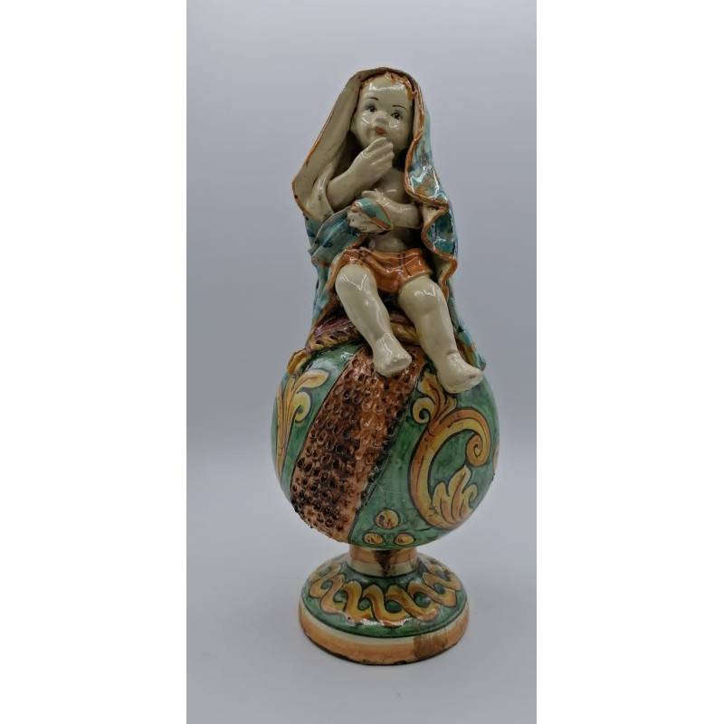 Esfera Putto on em preciosa cerâmica Caltagirone - esmalte antigo opaco - cor Verdigris - 