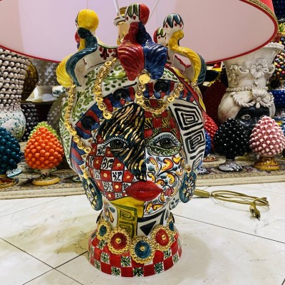 LUXURY ORO ZECCHINO Lume Testa Donna - h 70 cm ca. ceramica Caltagirone serie Elite, decoro moderno - 