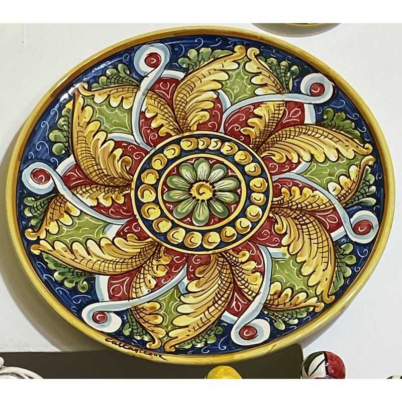 Piatto ornamentale in ceramica Caltagirone - Ø 45 cm ca. decoro barocco e geometrico - 