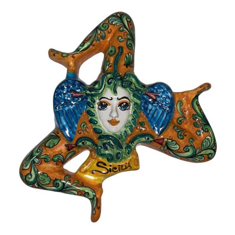 Trinacria aus handverzierter sizilianischer Keramik – Maße 30 cm. Barocker orangefarbener Hintergrund - 