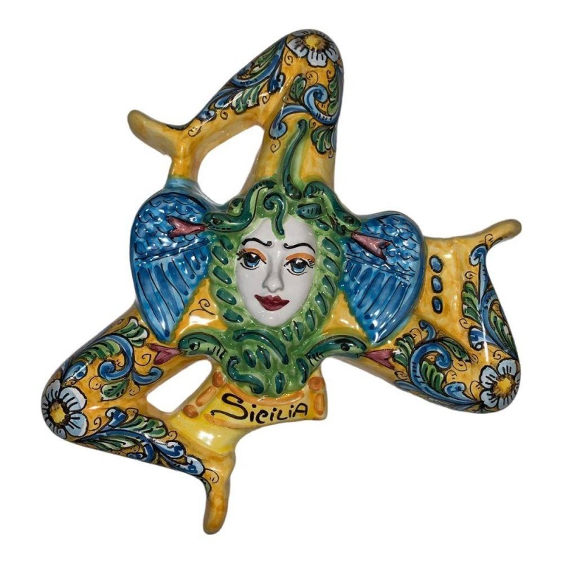 Trinacria em cerâmica siciliana decorada à mão - mede 30 cm Fundo barroco Amarelo - 