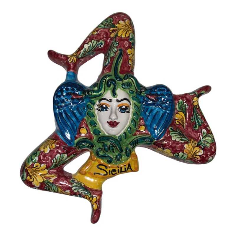 Trinacria in ceramica siciliana decorata a mano - misure cm 30 Barocco fondo Bordeaux - 