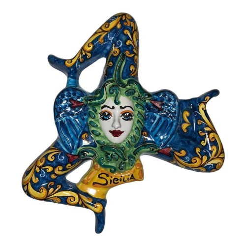 Trinacria in ceramica siciliana decorata a mano - misure cm 35 Barocco Fondo Blu - 