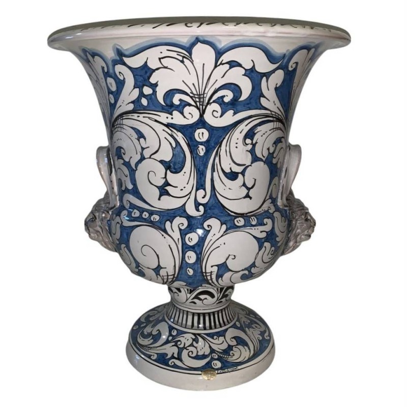 Villa-Vase aus Caltagirone-Keramik, Griffe und Löwenköpfe – Maße ca. H50x40 cm - 