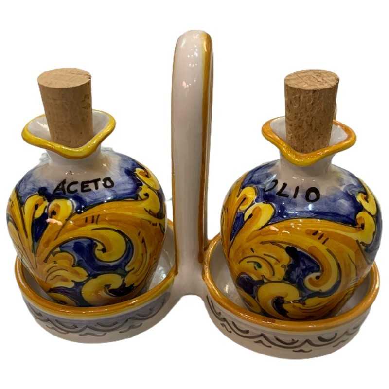 Ménage da tavola, Set Olio e Aceto con cestello in pregiata ceramica siciliana decorato a mano - 