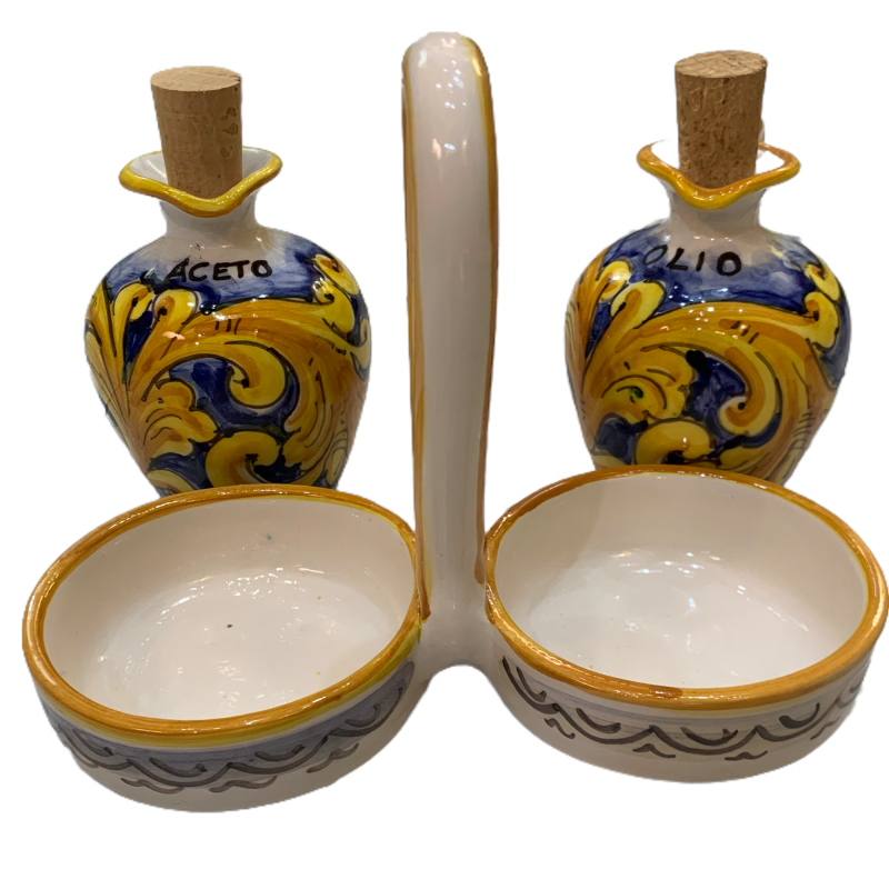 Ménage da tavola, Set Olio e Aceto con cestello in pregiata ceramica  siciliana decorato a mano