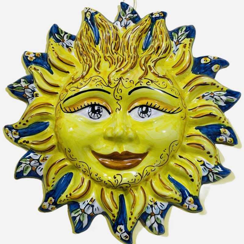 Sol con rayos de colores y decorados en cerámica Caltagirone con fondo azul cobalto - diámetro aprox. 33 cm - 