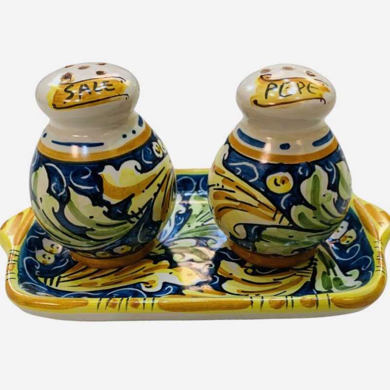 Set Sale e Pepe con vassoio in pregiata ceramica di Caltagirone - Misure cm 20x10 - 