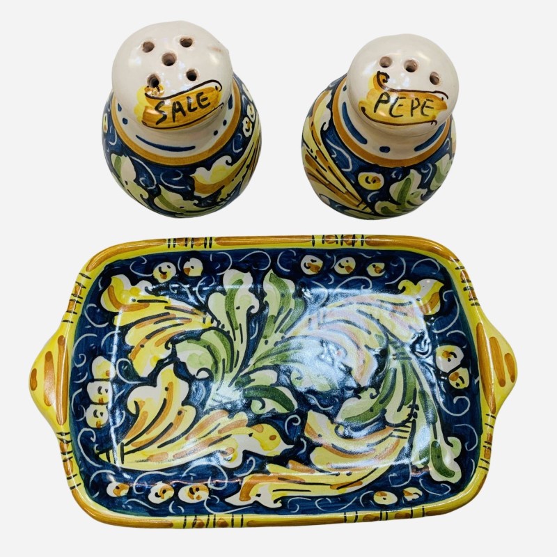 Salz- und Pfefferset mit Tablett aus feiner Caltagirone-Keramik – Maße 20 x 10 cm - 
