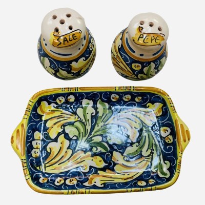 Set Sale och Pepper med bricka i fin keramisk Caltagirone - Åtgärder 20x10 - 