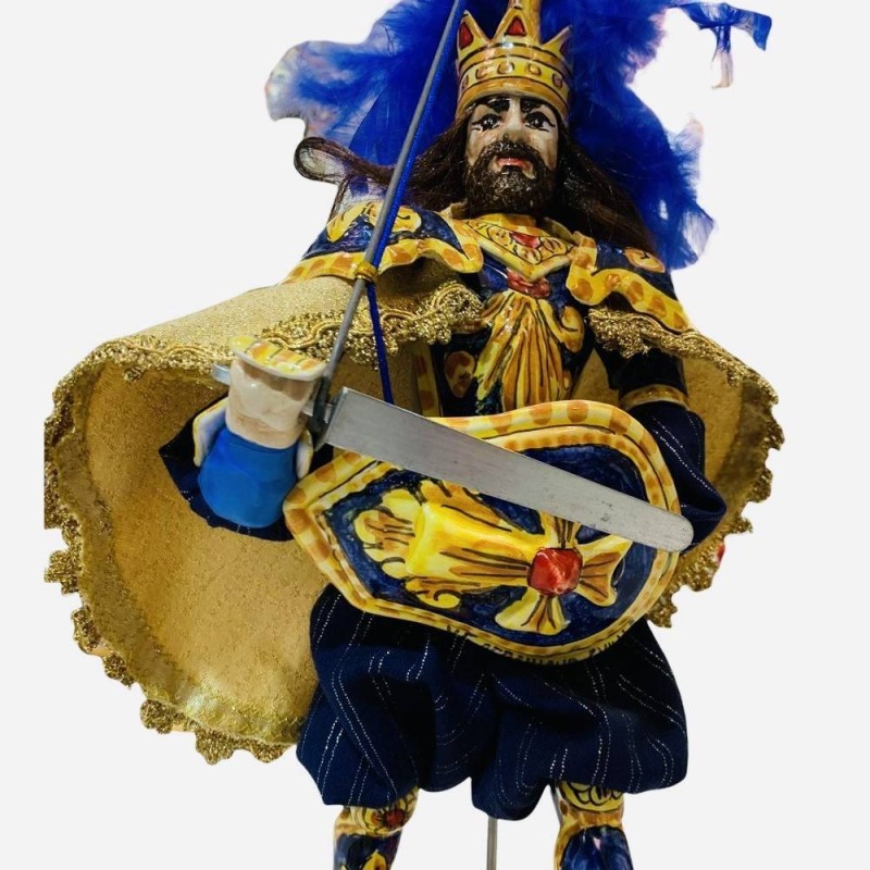 Sicilian puppet, Paladin in Caltagirone ceramic - Carolingian line - lava stone base - CHARLES THE GREAT - 55x20 cm - 