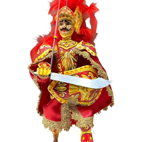 Sizilianische Marionette, Paladin aus Caltagirone-Keramik – karolingische Linie – Sockel aus Lavastein – ORLANDO – 55 x  2
