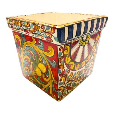Vierkante vaas van fijn Caltagirone-keramiek, Siciliaanse decoratie - Afmetingen 25x25x25 cm - 