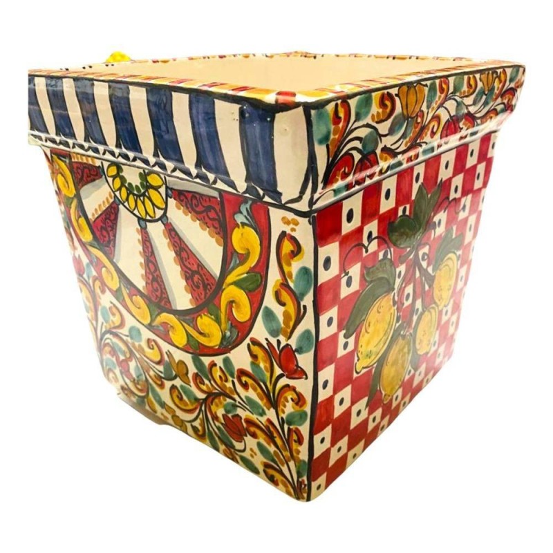Jarrón cuadrado de cerámica fina de Caltagirone, decoración siciliana - Medidas 25x25x25 cm - 