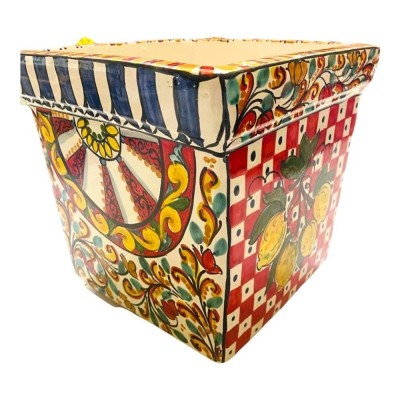 Vierkante vaas van fijn Caltagirone-keramiek, Siciliaanse decoratie - Afmetingen 25x25x25 cm - 