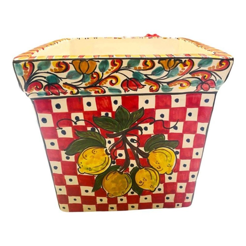 Vierkante vaas van fijn Caltagirone-keramiek, Siciliaanse decoratie - Afmetingen 25x25x25 cm - 