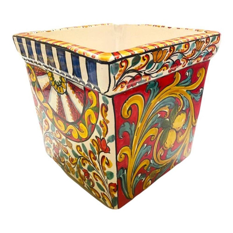 Vierkante vaas van fijn Caltagirone-keramiek, Siciliaanse decoratie - Afmetingen 25x25x25 cm - 