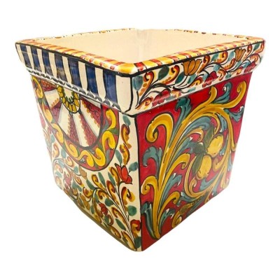 Vierkante vaas van fijn Caltagirone-keramiek, Siciliaanse decoratie - Afmetingen 25x25x25 cm - 