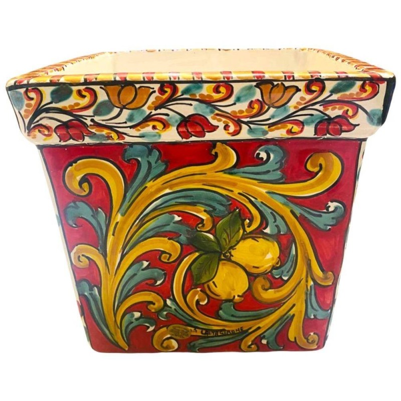 Jarrón cuadrado de cerámica fina de Caltagirone, decoración siciliana - Medidas 25x25x25 cm - 
