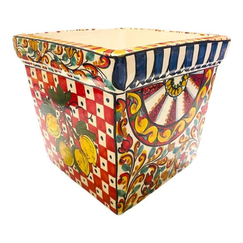 Vierkante vaas van fijn Caltagirone-keramiek, Siciliaanse decoratie - Afmetingen 25x25x25 cm - 