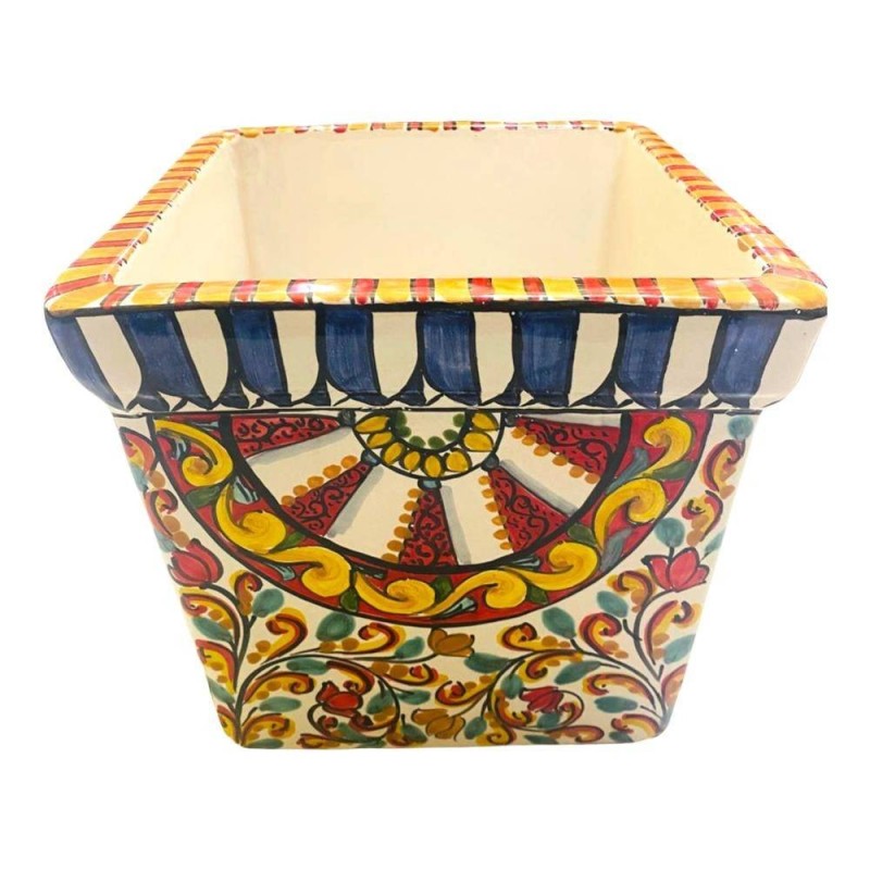 Vierkante vaas van fijn Caltagirone-keramiek, Siciliaanse decoratie - Afmetingen 25x25x25 cm - 