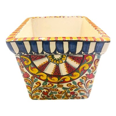 Jarrón cuadrado de cerámica fina de Caltagirone, decoración siciliana - Medidas 25x25x25 cm - 
