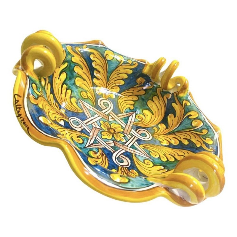 Scalloped centerpiece with serpentine handles, Caltagirone ceramic, 2 size options (1pc) baroque and geometric, green/bl