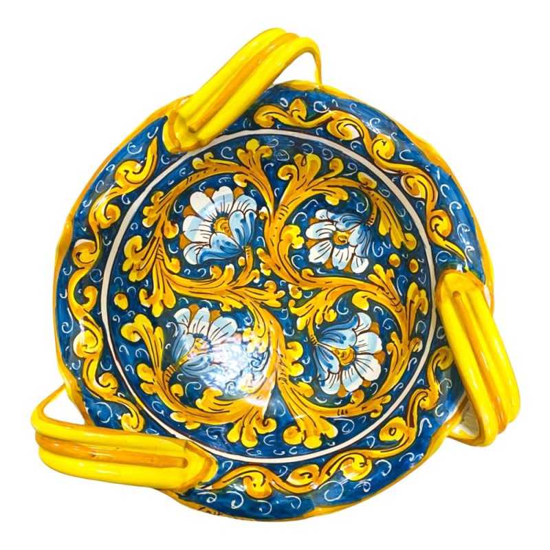 Centrotavola smerlato con manici, ceramica Caltagirone, 2 opzioni misura (1pz) decoro barocco e fiori su fondo blu - 