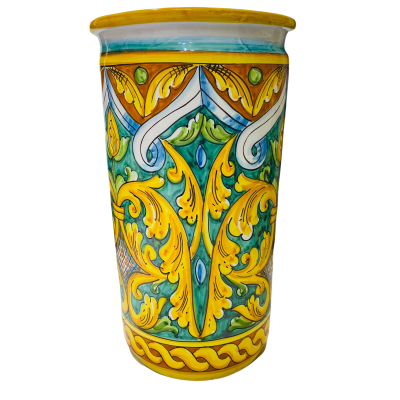 Cilindrische paraplubak van Caltagirone keramiek, ca. h 50 cm. Barokke sierlijke decoratie op een kopergroene achtergron