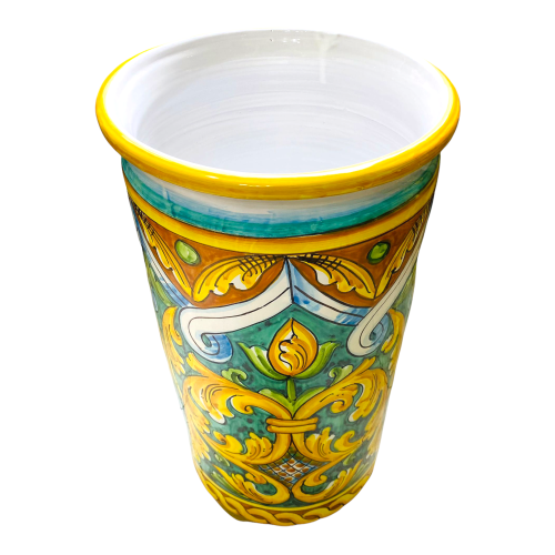 Zylindrischer Schirmständer aus Caltagirone-Keramik, ca. 50 cm hoch. Barocke Verzierung auf Grünspan-Hintergrund -  2