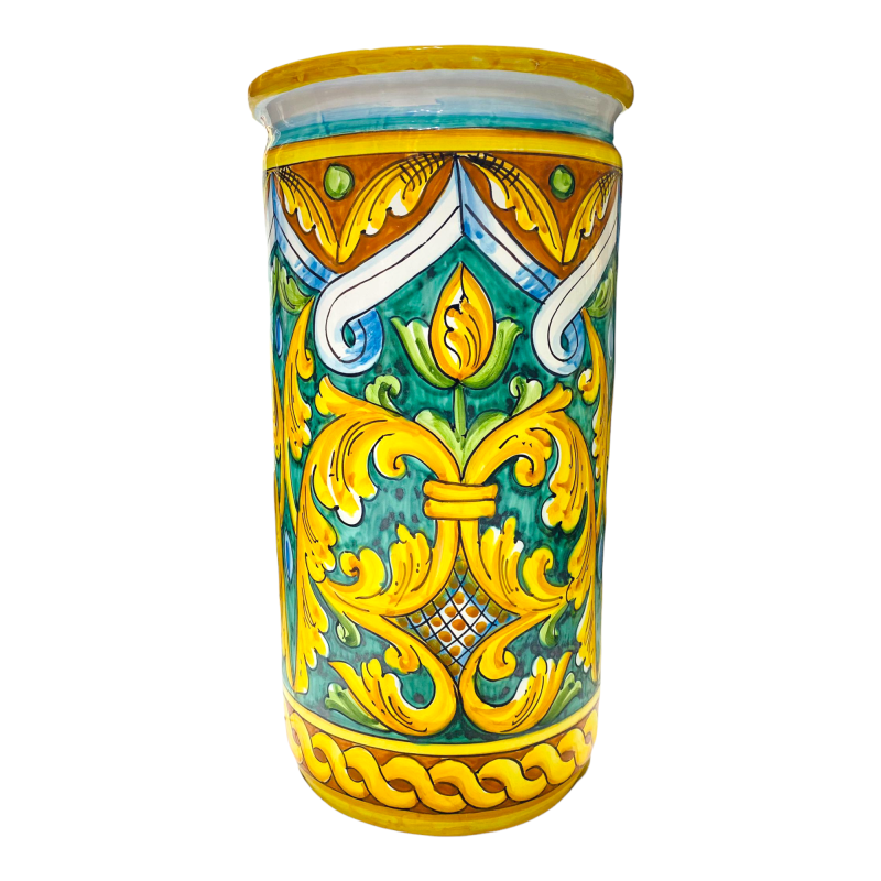 Paragüero cilíndrico de cerámica Caltagirone, altura aprox. 50 cm. Decoración barroca ornamentada sobre un fondo cardeni