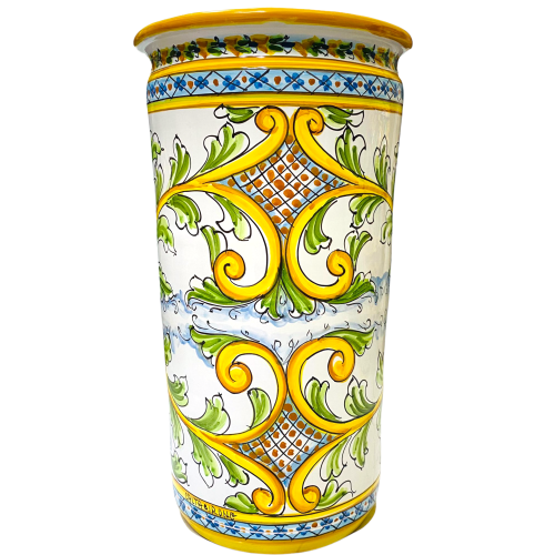 Suporte de guarda-chuva cilíndrico em cerâmica Caltagirone com decoração barroca ornamentada em um fundo branco - 
