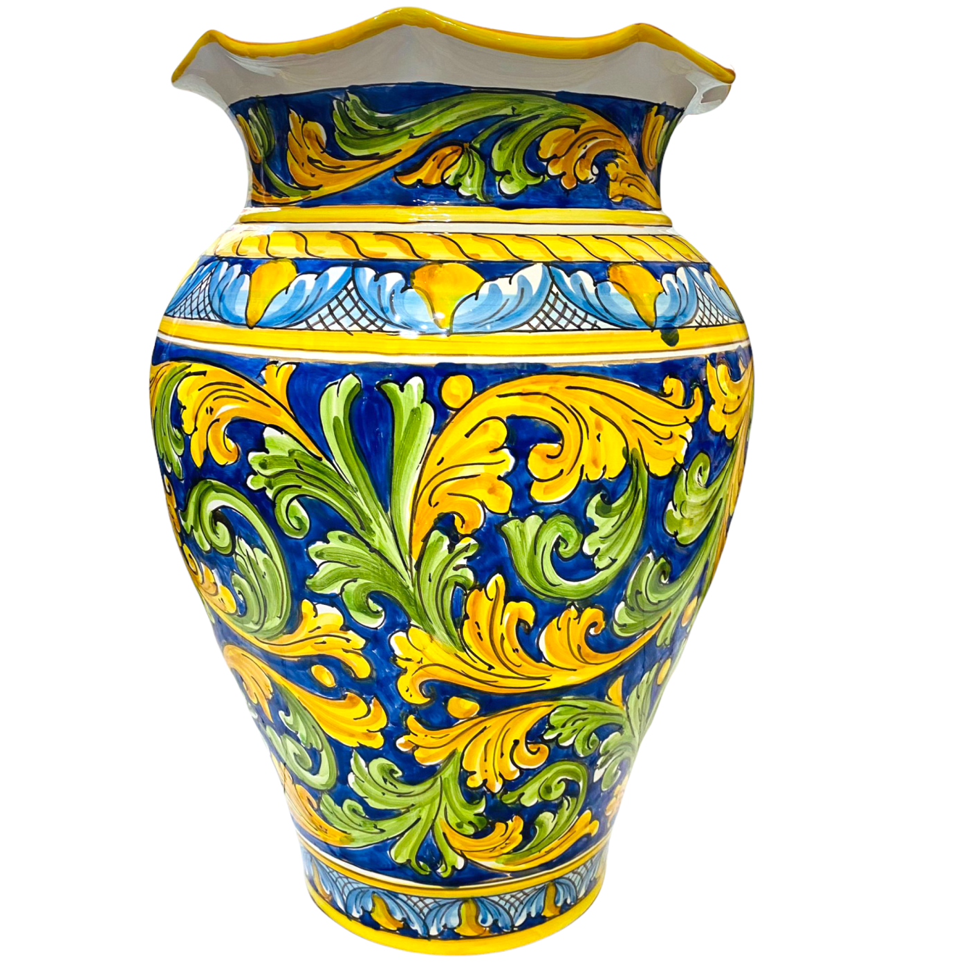 Grande giara portaombrelli ceramica di Caltagirone decoro Barocco fondo Blu  cobalto - altezza 50 cm