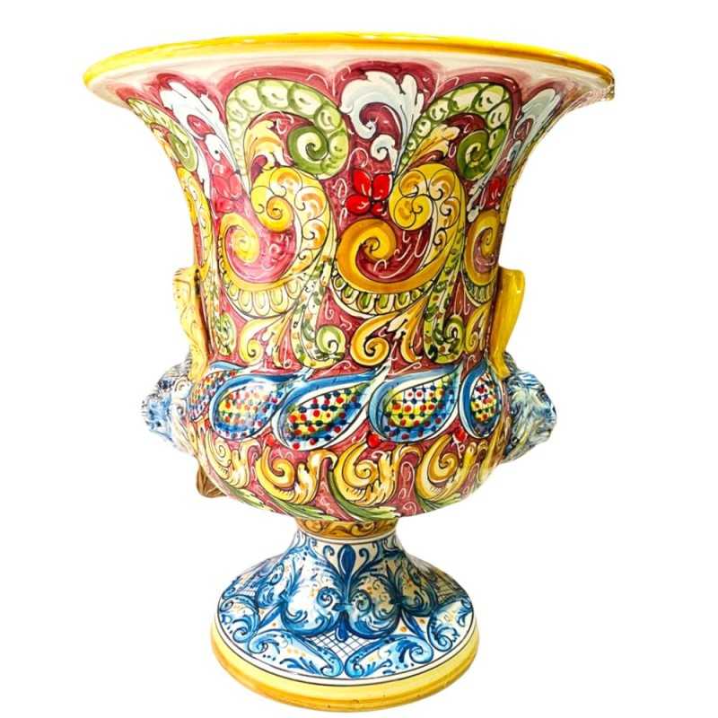 Vaso Villa in ceramica di Caltagirone, Colore Bordeaux e Ornato Barocco, Manici e Teste di Leone - Misure circa h 50 x 4